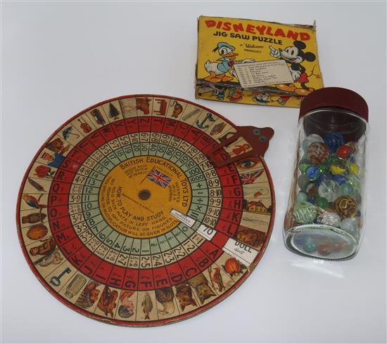 Early educational wheel, Disney jigsaws, marbles, books, etc